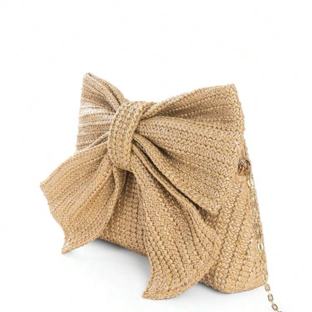 Shein formal oversized bow woven tan lightweight shoulder bag clutch purse - Picture 3 of 6